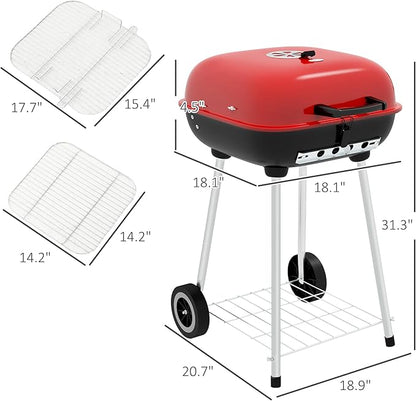 Portable Charcoal Grill with Bottom Shelf, BBQ Smoker with Wheels and Adjustable Vents on Lid for Picnic Camping Backyard Cooking, Black