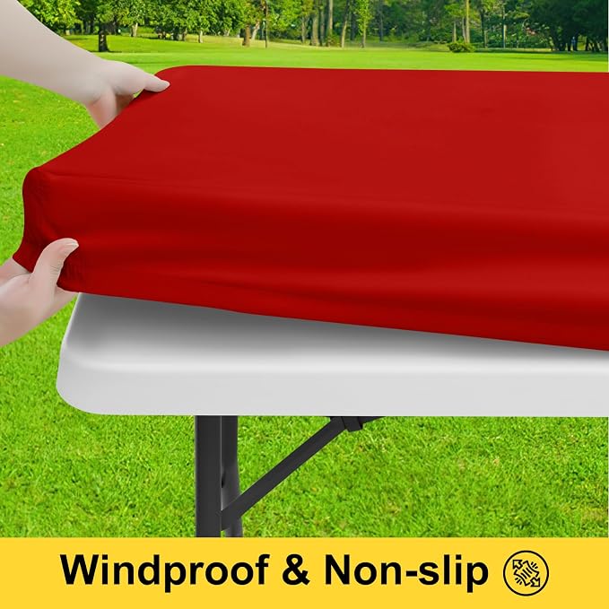 Smiry Picnic Table Cover with Bench Covers, Waterproof Elastic Fitted Polyester Tablecloths for 6 Ft Rectangle Tables, Washable Windproof Tablecloth for Camping, RV & Outdoor (Red, 30x72 Inches)