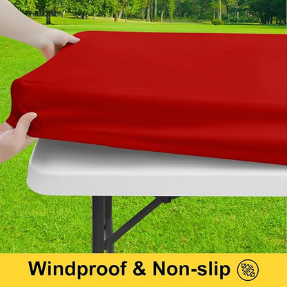Smiry Picnic Table Cover with Bench Covers, Waterproof Elastic Fitted Polyester Tablecloths for 6 Ft Rectangle Tables, Washable Windproof Tablecloth for Camping, RV & Outdoor (Red, 30x72 Inches)
