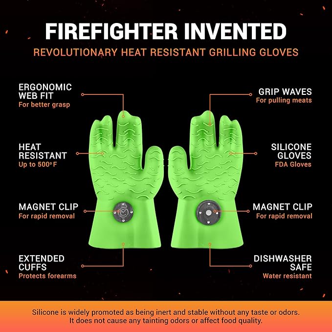 MagneCHEF Freedom Series Magnetic Quick-Release BBQ Gloves – Get Out Fast, 500°F Heat Resistant Silicone, 3mm Thick, Non-Slip Grip, Waterproof & Easy Clean (Green Glow in the Dark)