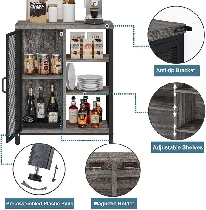 Liquor Cabinet Bar for Home, Coffee Storage Cabinet | Adjustable Shelves, Small Wood Sideboard Buffet Station Cabinets with Door, for Kitchen/ Dining/ Entryway, Dark Grey Oak, 36"