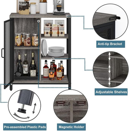 Liquor Cabinet Bar for Home, Coffee Storage Cabinet | Adjustable Shelves, Small Wood Sideboard Buffet Station Cabinets with Door, for Kitchen/ Dining/ Entryway, Dark Grey Oak, 36"