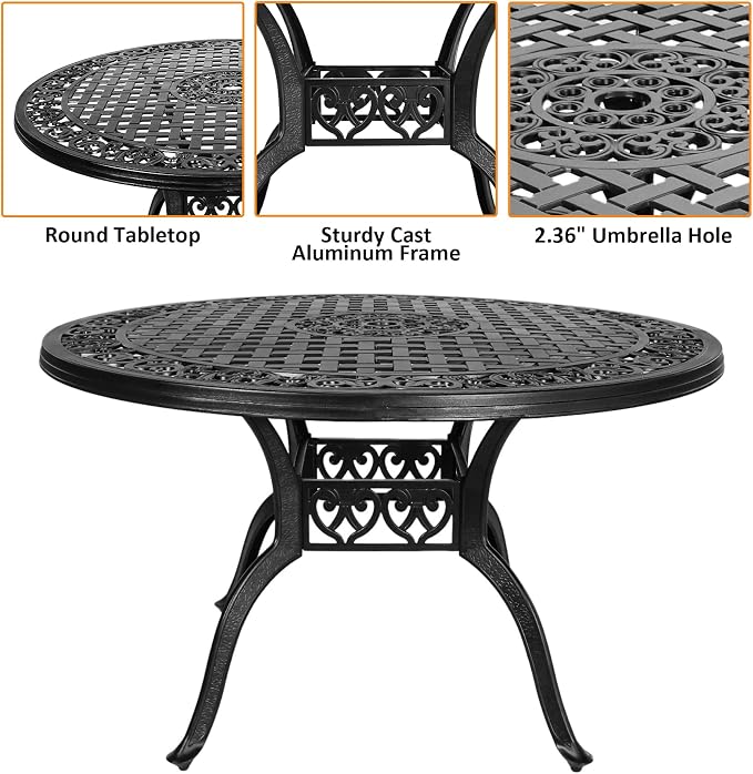 48.23" Patio Dinning Table, All-Weather Cast Aluminum Table with 2.36" Umbrella Hole, Patio Furniture, Outdoor Dining Table for Backyard and Poolside