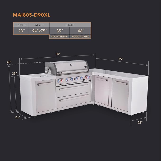 Mont Alpi Deluxe 94"W x 75"D x 46"H L-shaped Stainless Steel Outdoor Kitchen Island with Side Burner + 44"W 6-Burner BBQ Grill + White Granite Countertops & Sides + Storage Cabinets + Drawers + Cover