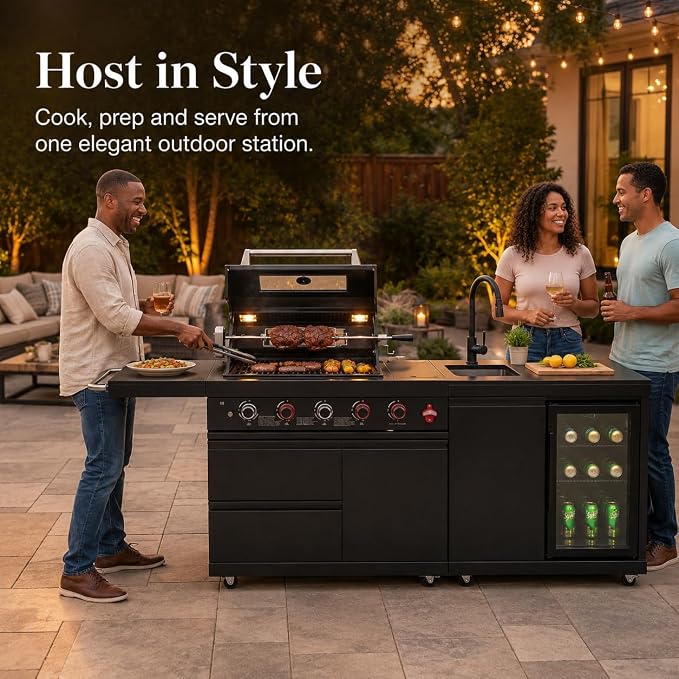 84 Inch Outdoor Kitchen Island Grill, 6 Burner 75300 BTU Propane BBQ Island with Sink, Beverage Refrigerator, Rotisserie Kit, Griddle, SS304 Stainless Steel, Granite Top, Black