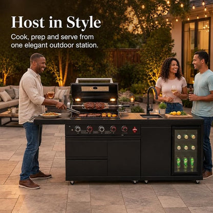 84 Inch Outdoor Kitchen Island Grill, 6 Burner 75300 BTU Propane BBQ Island with Sink, Beverage Refrigerator, Rotisserie Kit, Griddle, SS304 Stainless Steel, Granite Top, Black