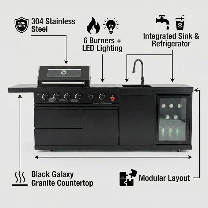 Outdoor BBQ Island, BBQ Island Outdoor Kitchen, 46" 4-Burner 72,000 BTU Outdoor Kitchen Island with Grill, Grill Tools, Grill Cover, Sink, Fridge, Rotisserie, Locking Casters, Propane/NG (Black)