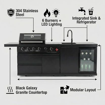 Outdoor BBQ Island, BBQ Island Outdoor Kitchen, 46" 4-Burner 72,000 BTU Outdoor Kitchen Island with Grill, Grill Tools, Grill Cover, Sink, Fridge, Rotisserie, Locking Casters, Propane/NG (Black)