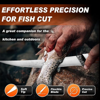 PURPLEBIRD Fillet Knife for Fish 7" with Sheath, 440C Stainless Steel Boning Knife for Meat Cutting with Wood Handle, Fish Fillet Knives Kitchen & Outdoor for Fishing, Hunting, BBQ, Christmas Gifts