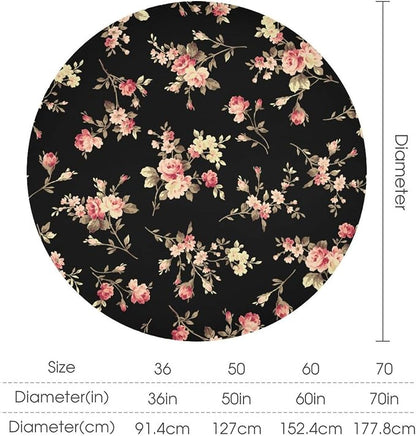 Vintage Flower Round Tablecloth, Black Pink Garden Florals Rustic Roses Boho Botanical Plant Water Resistant Wipeable Table Cover for Picnic Party Holiday Kitchen Dinner Table 70"