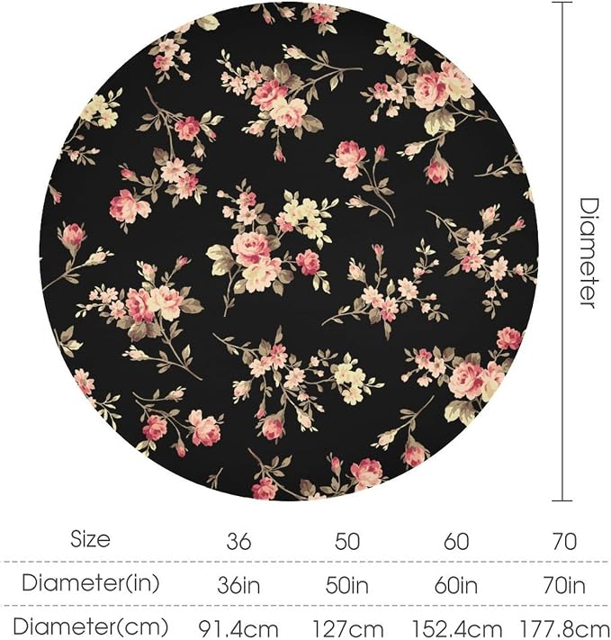 Vintage Flower Round Tablecloth, Black Pink Garden Florals Rustic Roses Boho Botanical Plant Water Resistant Wipeable Table Cover for Picnic Party Holiday Kitchen Dinner Table 50"