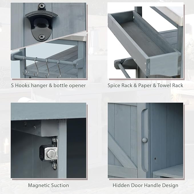 Outdoor Kitchen Island with Stainless Steel Top, Rolling Grill Cart with Storage Cabinet, Farmhouse Solid Wood Prep Station with Spice & Towel Rack for Patio BBQ.Suitable for backyards, etc.