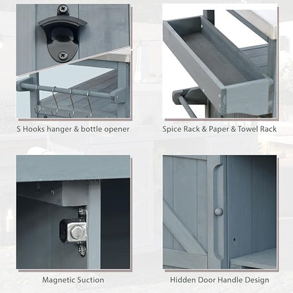 Ball & Cast Outdoor Kitchen Island,Rolling Bar Cart & Storage Cabinet,Farmhouse Solid Wood Outdoor Grill Table with Stainless Steel Top,Spice and Towel Rack,for Kitchen,Barbecue,Grey+Blue,50.25"