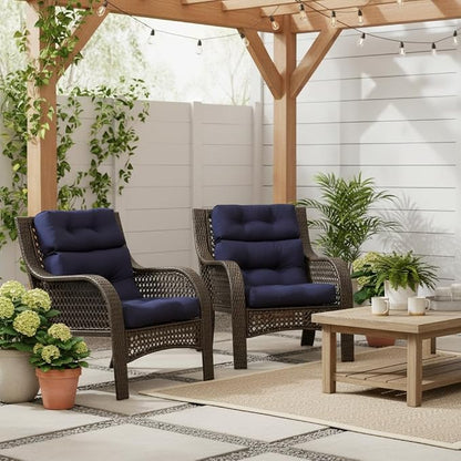 Outdoor Tufted High-Back Chair Cushions, One-Piece Hinged Seat and Back Design, Reversible with 4 Ties, Durable Polyester Fabric, Recycled Fiber Fill - Set of 2, Navy
