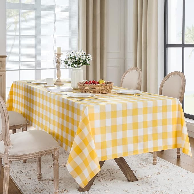 Softalker Gingham Checkered Tablecloth Rectangle - Outdoor Waterproof Buffalo Plaid Table Cloth, Stain Resistant Washable Table Cover for Picnic, Camping, Dining - Yellow and White, 60 x 120 Inch