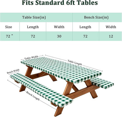 Poise3EHome Picnic Table Cover with Bench Covers, 6 Foot Fitted Elastic Tablecloth Set, Heavy Duty Polyester with TPU Waterproof Backing, Washable Outdoor Picnic Set for Camping,RV & Park(Green&White)
