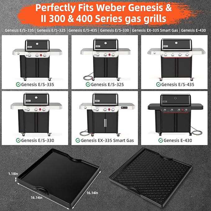 Grill Griddle for Weber Genesis 300 & 400 Series (2022+),Porcelain-Enameled Cast lron Dual Sided Sear Replacement Parts for Weber,hick Nonstick BBQ Griddle Pan,16.14" x 16.14"