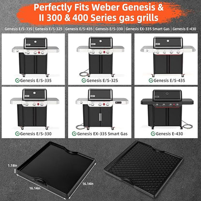 Grill Griddle for Weber Genesis 300 & 400 Series (2022+),Porcelain-Enameled Cast lron Dual Sided Sear Replacement Parts for Weber,hick Nonstick BBQ Griddle Pan,16.14" x 16.14"