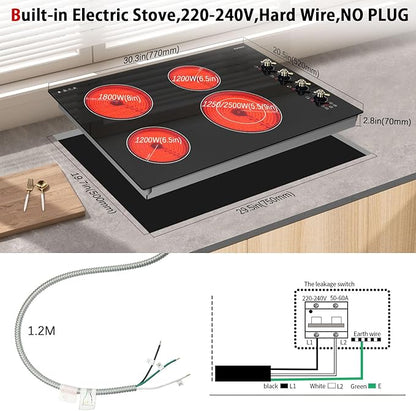 Karinear Electric Cooktop 30 Inch, 4 Burners Electric Stove Top, Built-in Radiant Cooktop with Expandable Burner, Knob Control, Safety Lock, Timer, 6700W 220~240V Hard Wired(No Plug)
