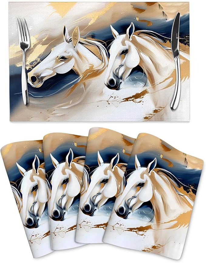 Horse Placemats Set of 4 Linen 12"x18" Modern Decorative Table Mats | Washable Heat-Resistant for Dining Outdoor Kitchen Home Decor Cute Place Mats
