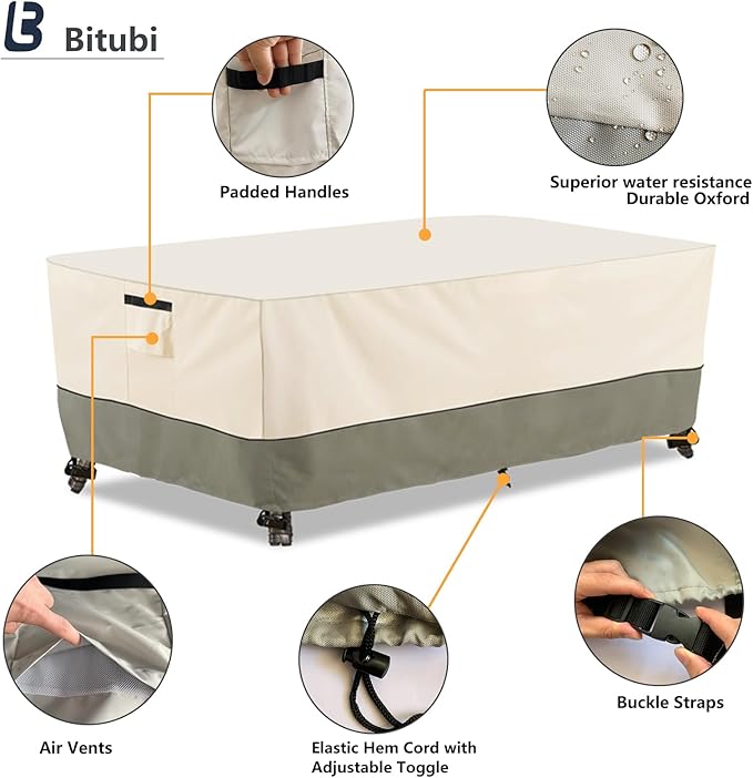 Bitubi 60 Inch Rectangular/Oval Patio Table Cover,Heavy Duty Waterproof Outdoor Dining Table Cover Winter, Patio Furniture Covers, Beige