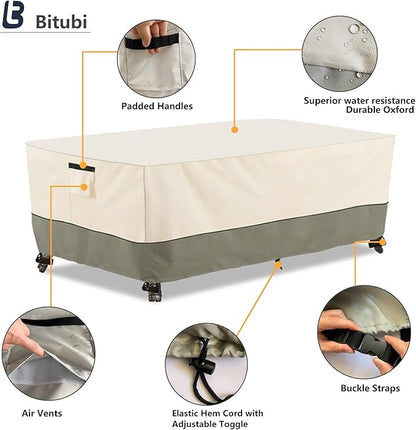 Bitubi 60 Inch Rectangular/Oval Patio Table Cover,Heavy Duty Waterproof Outdoor Dining Table Cover Winter, Patio Furniture Covers, Beige