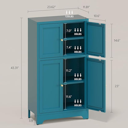 43" H Blue Small Kitchen Pantry Cabinet,Metal White Pantry Cabinets with Doors,Small Storage Cabinets,Food Pantry Cabinet with 4 Doors and Shelves for Kitchen and Dining Room