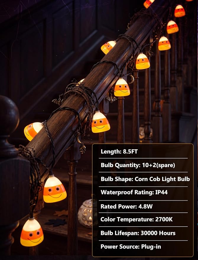 8.5FT Corn Husks Halloween String Lights, 10 LED Fall Harvest Decor Plug in | Shatterproof & Waterproof, Connect End-to-end, 2700K Warm White Glow, UL certified for Home Patio Yard Party Halloween Decor
