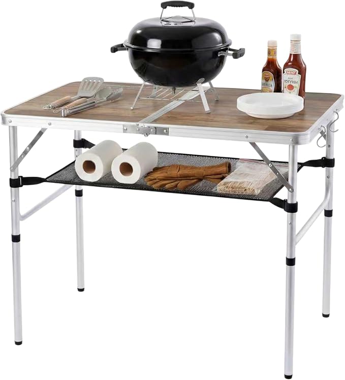 YUFIFAIRY Aluminum Camp Table, 36''L x24''W Folding Table Portable | Lightweight Foldable, Storage Net, Carry Handle, 2 Adjustable Height16"/28", For Indoor, Outdoor, Cooking, Picnic, Wood Grain