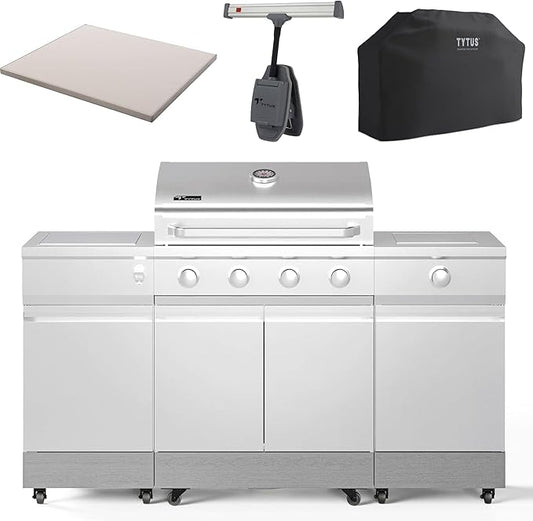 Tytus Fresno 5-Burner Propane or Natural Gas Island Grill – 864 sq. in. Cooking, 48,000 BTU Main + 12,000 BTU Side Burner, Porcelain Grates, Storage Cabinets, Semi-Portable - SS/Carbon Wood Deluxe Kit