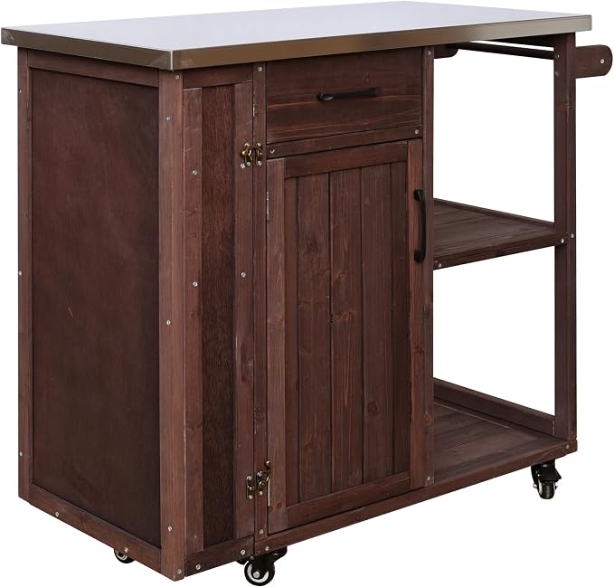 JIVOIT Outdoor Kitchen Island with Stainless Steel Worktop, Fir Wood Prep Station Lockable Kitchen Cart with Ample Storage Space, Towel and Spice Racks for Patio and Outdoor (Dark Brown/122)