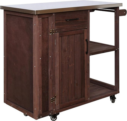 JIVOIT Outdoor Kitchen Island with Stainless Steel Worktop, Fir Wood Prep Station Lockable Kitchen Cart with Ample Storage Space, Towel and Spice Racks for Patio and Outdoor (Dark Brown/122)