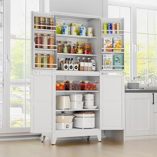 White Pantry Storage Cabinet, 75" Kitchen Pantry with Doors and 3 Adjustable Shelves, Metal Freestanding Buffet Cupboards Sideboard, for Office, Home, Garage, School