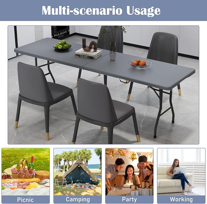 Tangkula 8 FT Folding Table, Indoor Outdoor Foldable Plastic Table | HDPE Tabletop, Sturdy Metal Fame, Carrying Handle, Heavy Duty, Portable ,Fold-in-Half, for Picnic, Camping, BBQ, Party