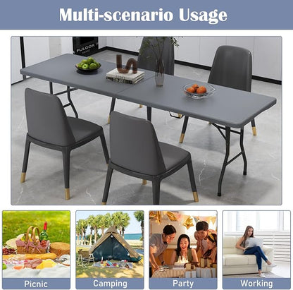 Tangkula 8 FT Folding Table, Indoor Outdoor Foldable Plastic Table | HDPE Tabletop, Sturdy Metal Fame, Carrying Handle, Heavy Duty, Portable ,Fold-in-Half, for Picnic, Camping, BBQ, Party