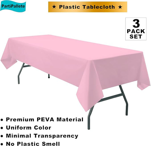 3-Pack Premium Plastic Pink Tablecloth Disposable 54 x 108 Inches Rectangle Table Cover Party PEVA Table Cloths for Parties Birthday Wedding Bridal Shower Events Fits up to 8 ft Tables