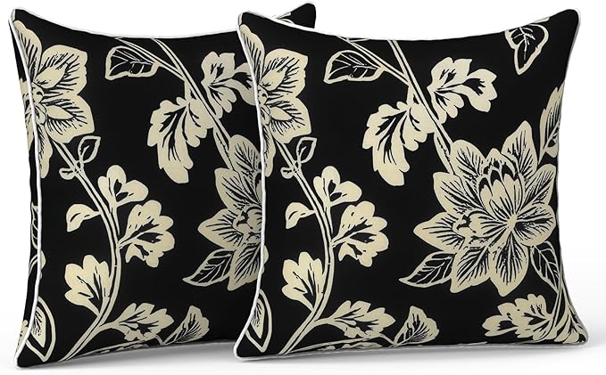 LVTXIII Outdoor Throw Pillow Covers Set of 2, Patio Waterproof Pillow Cases Fade Resistant Accent Pillow Covers for Home and Garden Furniture Decoration, 16x16, Elegant Vines Black