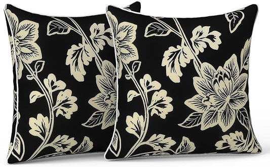 LVTXIII Outdoor Throw Pillow Covers Set of 2, Patio Waterproof Pillow Cases Fade Resistant Accent Pillow Covers for Home and Garden Furniture Decoration, 16x16, Elegant Vines Black