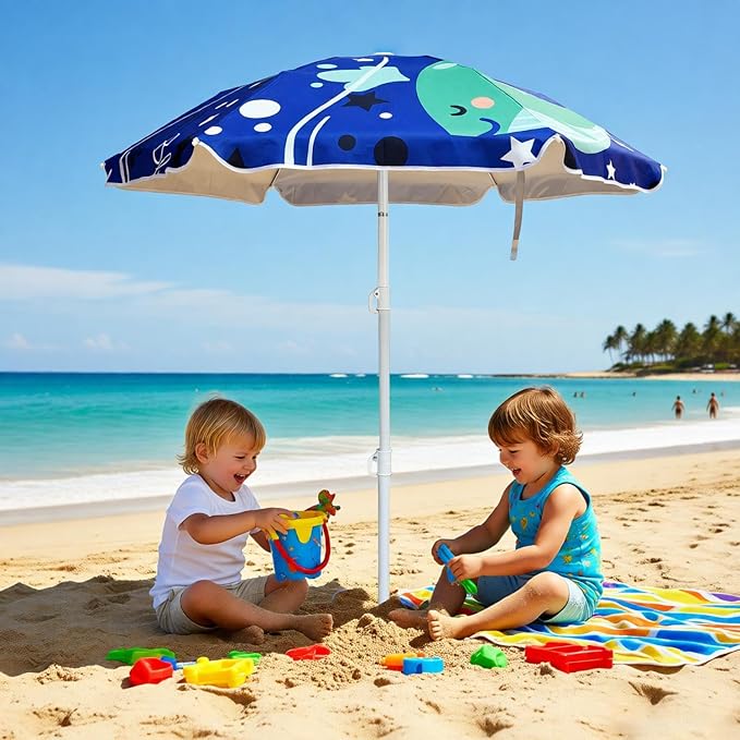 LOTTAFUN Kid 5ft Beach Umbrella Diameter 0.99-1.2 Inches Pole UV 50+ Portable Sun Shade with Sand Anchor & Carry Bag, Outdoor Folding Umbrella for Beach,Pool,Patio,Garden (Dophin)NO Tilt The sand needs to be over 5inches above the bottom