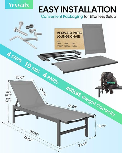 Vexwalx Outdoor Lounge Chair for Pool, Aluminum Chaise Lounge Chairs with 5-Position Recliner, Patio Lounge Chair for Backyard, Poolside, Deck, Lawn (Darkgray)