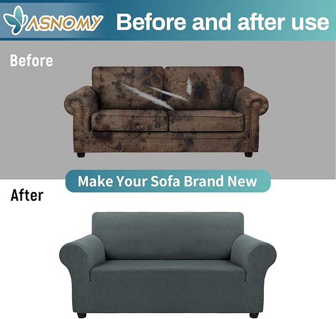Asnomy Stretch Couch Covers Washable, loveseat Covers Slipcovers,Gray | 1-Piece Sofa Cover(55"-78") loveseat cover Furniture Protector Soft Jacquard,Non-Slip Elastic Bottom for Dogs & Kids