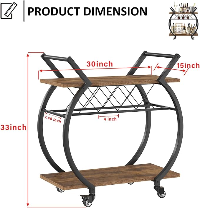 LVB Industrial Bar Cart, Beverage Serving Cart with Wheels, Rustic Brown | Modern Bar Cart with Wine Rack, Wooden Microwave Drink Liquor Cart for Dining Room, Coffee Liquor Drink Cart with Storage