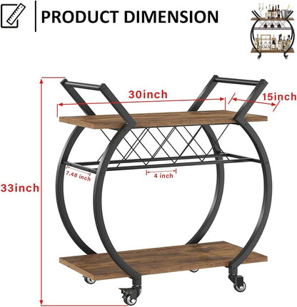 LVB Industrial Bar Cart, Beverage Serving Cart with Wheels, Rustic Brown | Modern Bar Cart with Wine Rack, Wooden Microwave Drink Liquor Cart for Dining Room, Coffee Liquor Drink Cart with Storage