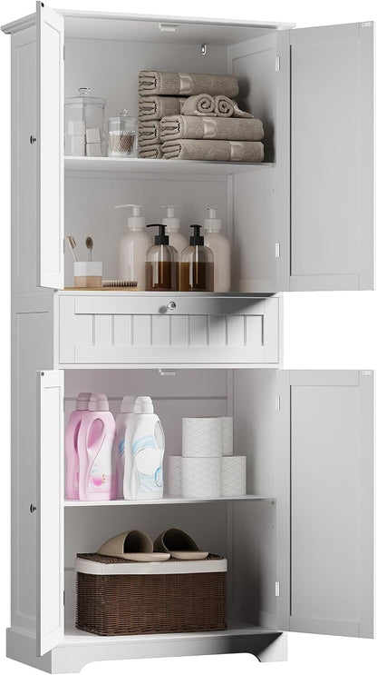 ChooChoo 72" H Bathroom Floor Cabinet with Drawers and Adjustable Shelves | Bathroom Storage Cabinet, Freestanding Kitchen Pantry Cupboard with 4 Doors for Living Room, White