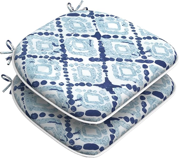 DYTXIII Set of 2 Outdoor Chair Cushions with Ties,Water Repellent Patio Chair Pads 17"x 16" for Outdoor Furniture,Round Corner Seat Cushions for Garden Yard Kitchen Boho Geometry Blue