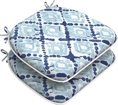 DYTXIII Set of 2 Outdoor Chair Cushions with Ties,Water Repellent Patio Chair Pads 17"x 16" for Outdoor Furniture,Round Corner Seat Cushions for Garden Yard Kitchen Boho Geometry Blue
