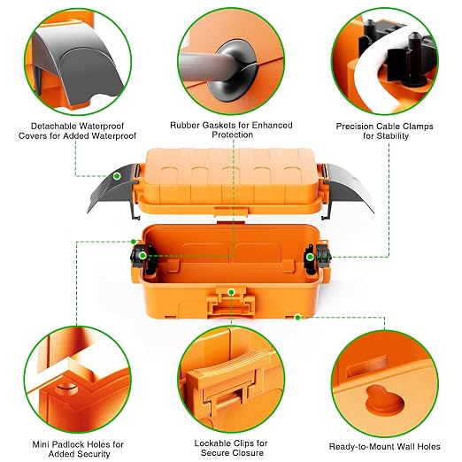 Flemoon IP55 Small Outdoor Electrical Box Waterproof, for Power Strip | Inner 5.9 x 3.2 x 1.8inch, Extension Cord Cover with Detachable Awning Covers for Plug, Outlet, Holiday Lights, Orange