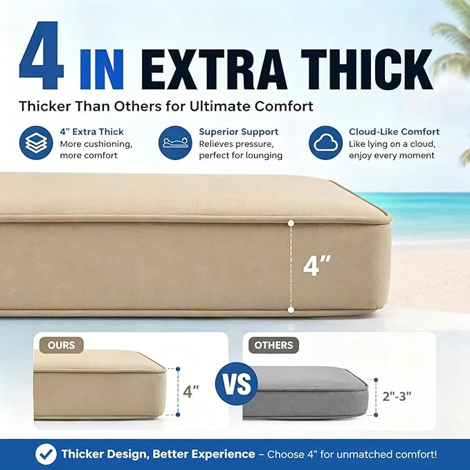 Chaise Lounge Cushion for Outdoor Furniture, Waterproof, Fade-Resistant and Tear Resistant, Patio Lounger Pads with Removable Cover for Pool, Deck, Lawn, 80x26x4 inch, Khaki