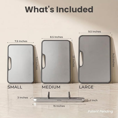 SMIRLY Titanium Cutting Board for Kitchen, with Holder, 3 Pack, Silver | Food-grade Titanium Surface with a Non-porous, Double-sided Design for Easy Cleaning and Hygienic Food Prep