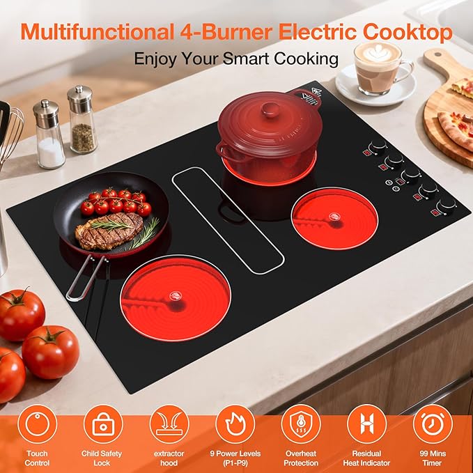 30" Electric Cooktop with Downdraft – 4 Burner 6000W Built-in Electric Stove, BBQ Bridge Burner, Timer, Safety Lock, Recirculating Vent (220V-240V)